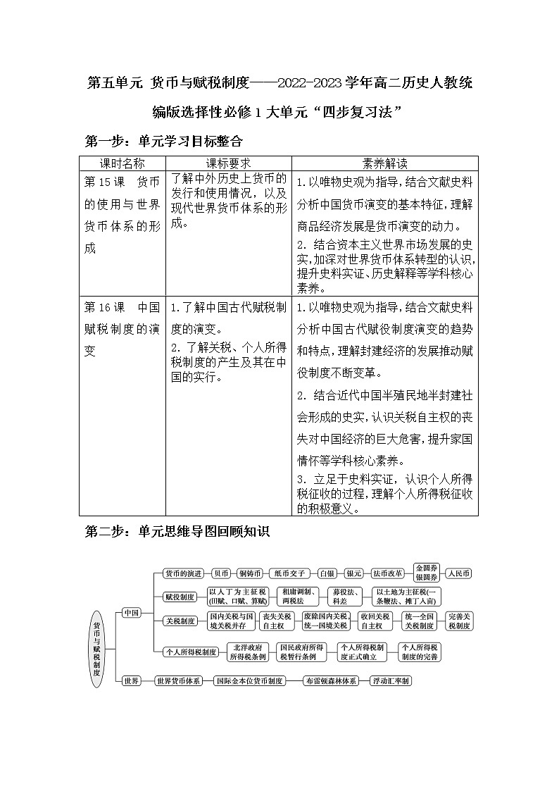 第五单元 货币与赋税制度 大单元“四步复习法”学案--2022-2023学年高中历史统编版2019选择性必修一01