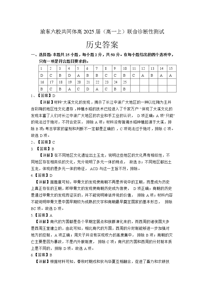 重庆市渝东六校共同体2022-2023学年高一上学期期中联合诊断考试历史试题01