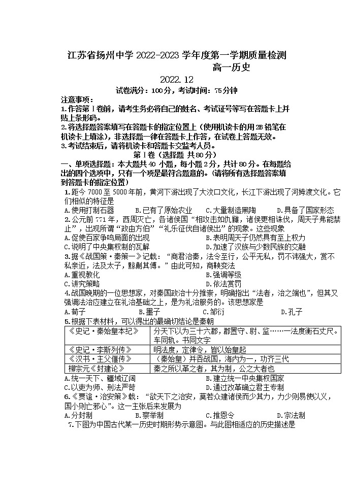江苏省扬州中学2022-2023学年高一历史上学期12月月考试题(Word版附答案)01
