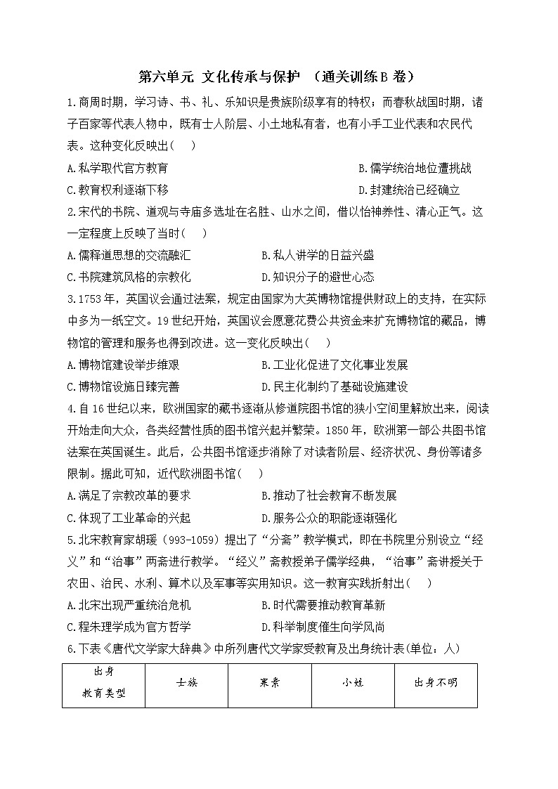 第六单元 文化传承与保护(通关训练B卷)—2023届高考历史统编版一轮复习第1页