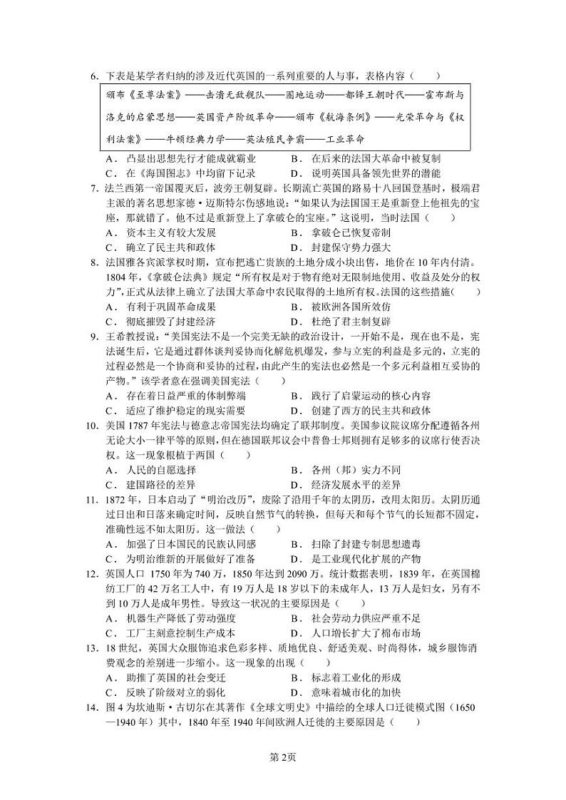 重庆市巴蜀中学2022-2023学年高二历史上学期12月线上定时练习(PDF版附解析)第2页