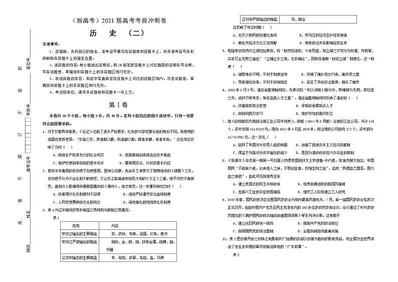 高中历史 (新高考)2021届高考考前冲刺卷 历史(二)学生版第1页