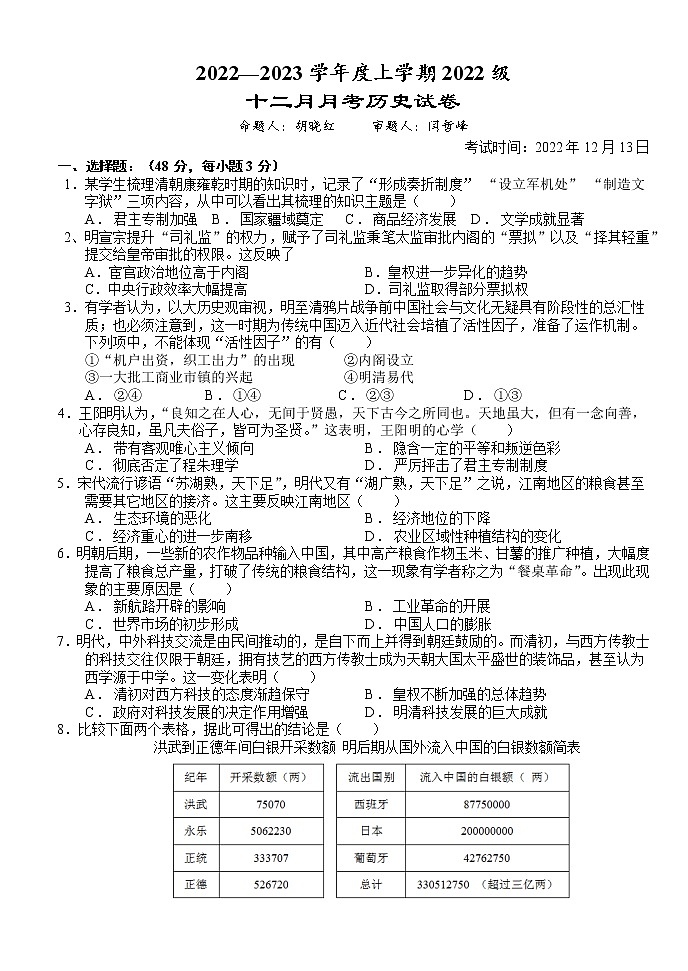 2023荆州沙中学高一上学期12月月考历史试题含答案01