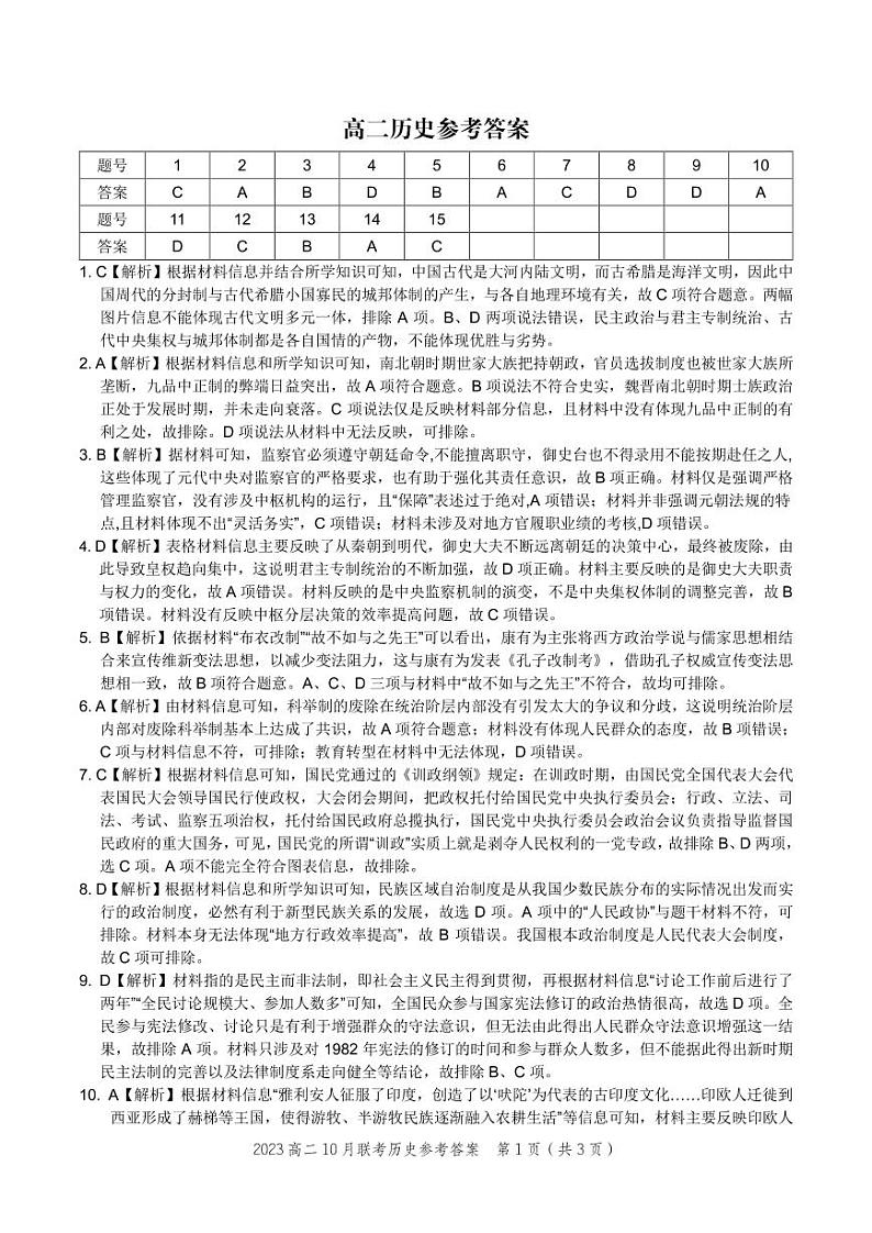 历史·2023高二10月联考参考答案第1页