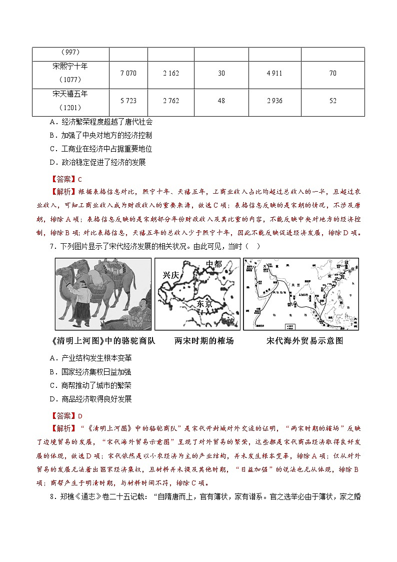高中历史课时06 辽宋夏金元的经济、社会和文化-2022年高考历史一轮复习小题多维练(新高考版)(解析版)03