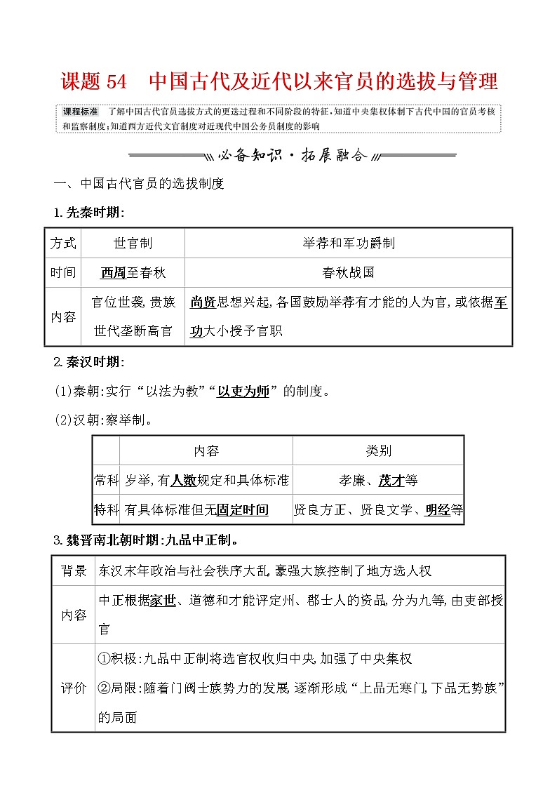 高中历史课题54 中国古代及近代以来官员的选拔与管理 教案01