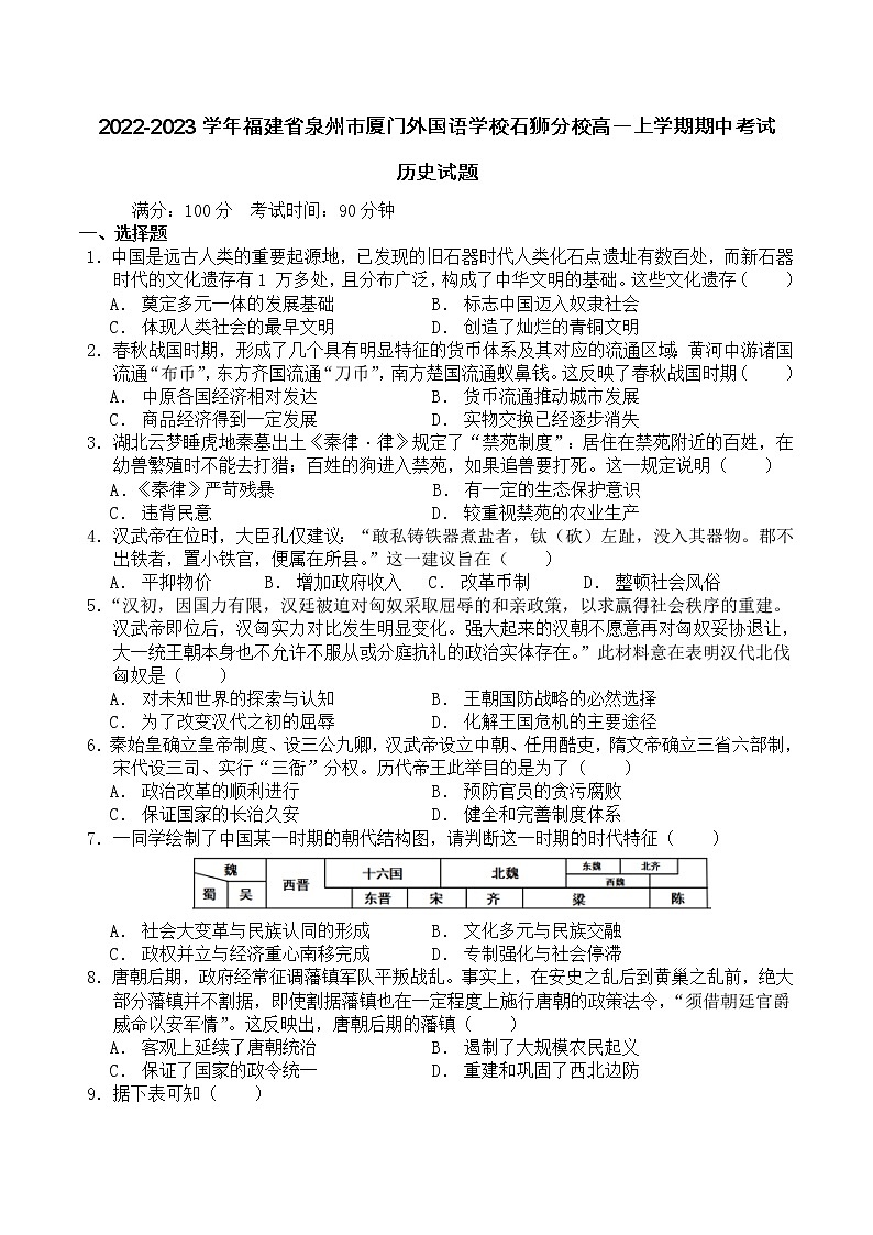 2022-2023学年福建省泉州市厦门外国语学校石狮分校高一上学期期中考试历史试题(Word版)第1页