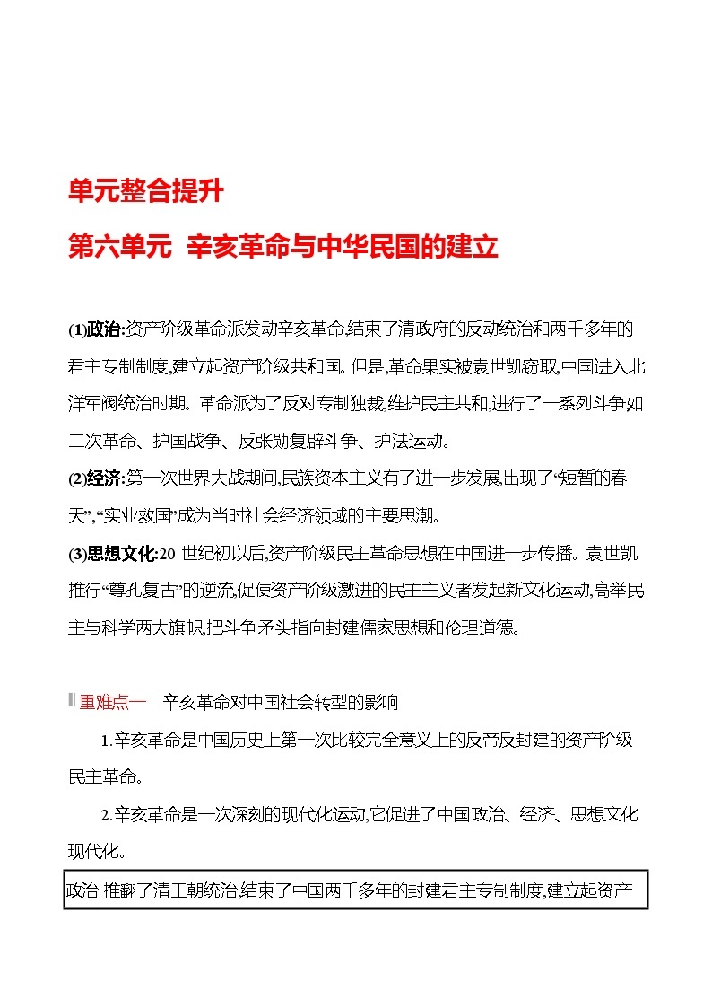 单元整合提升  第六单元 辛亥革命与中华民国的建立 同步练习 2022-2023 高中历史 部编版 必修上册01