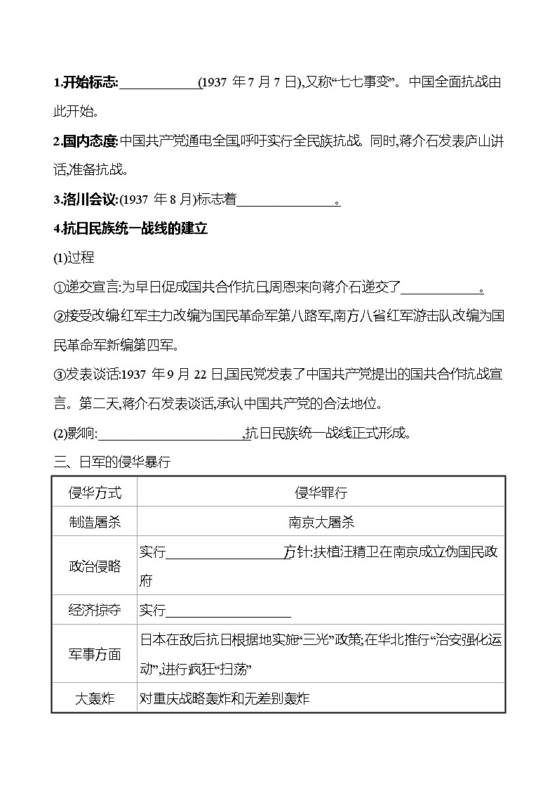 第八单元 第23课 从局部抗战到全面抗战 同步练习 2022-2023 高中历史 部编版 必修上册02
