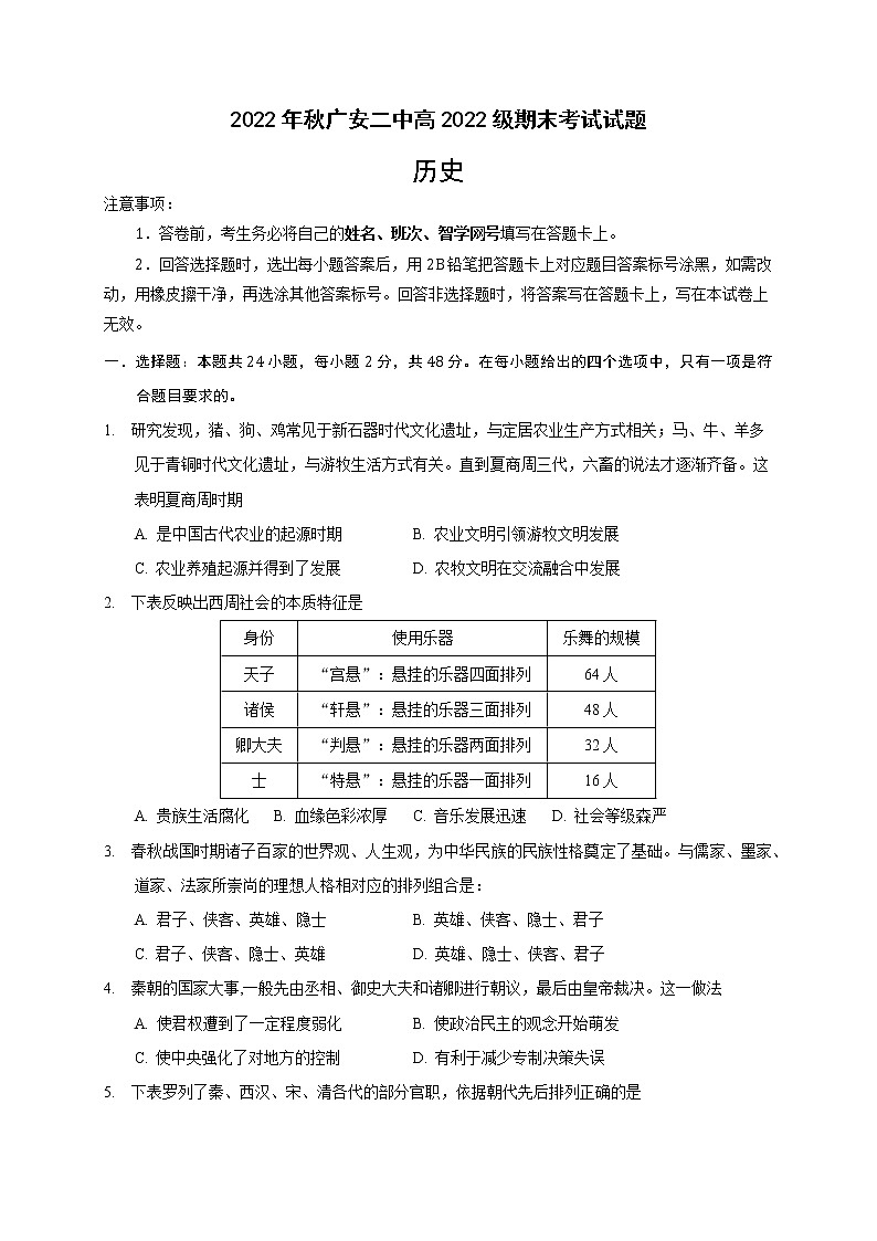 四川省广安第二中学校2022-2023学年高一上学期期末考试历史试题第1页