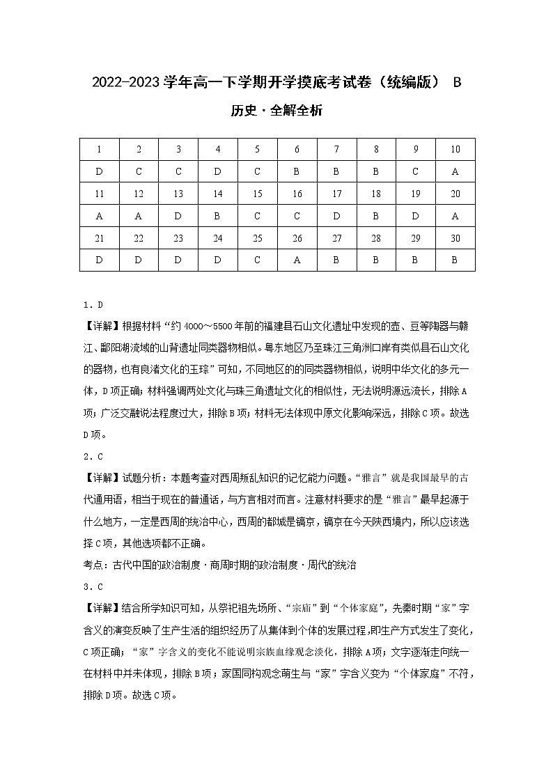 历史-2022-2023学年高一下学期开学摸底考试卷B(统编版)(全解全析)第1页