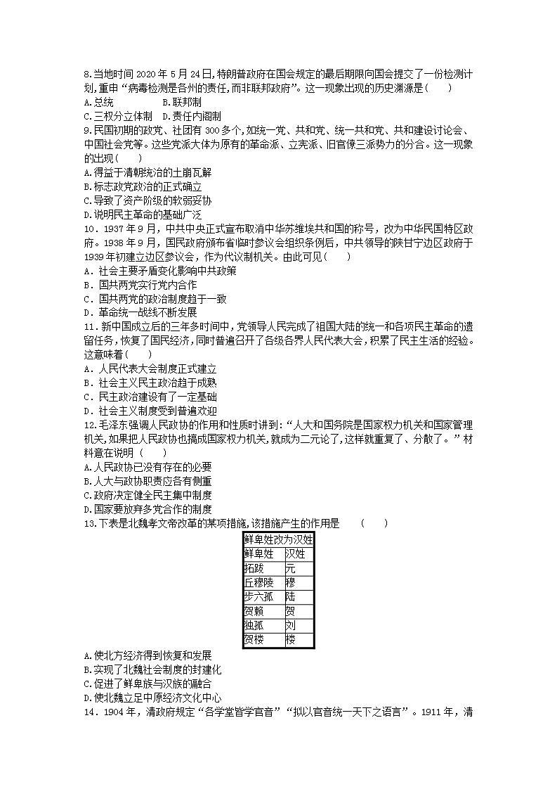 选择性必修一《国家制度与社会治理 》阶段检测 第一单元  政治制度02