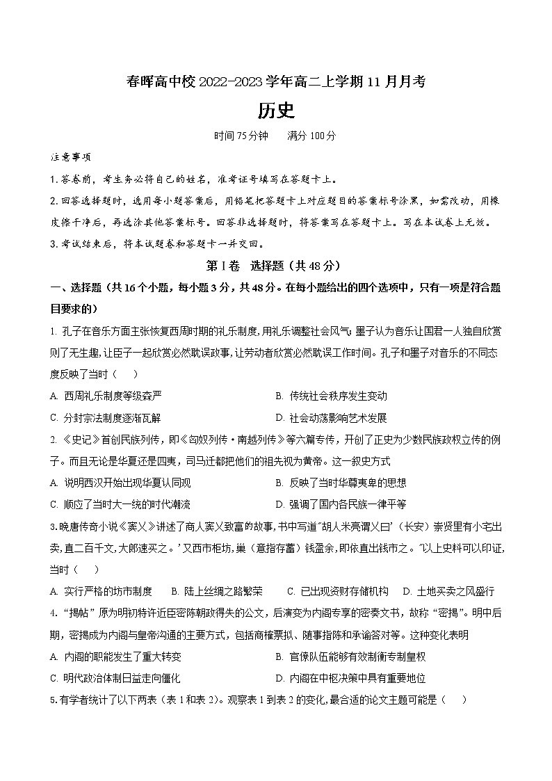湖北省咸丰春晖高中校2022-2023学年高二上学期11月月考历史试题(Word版含答案)01
