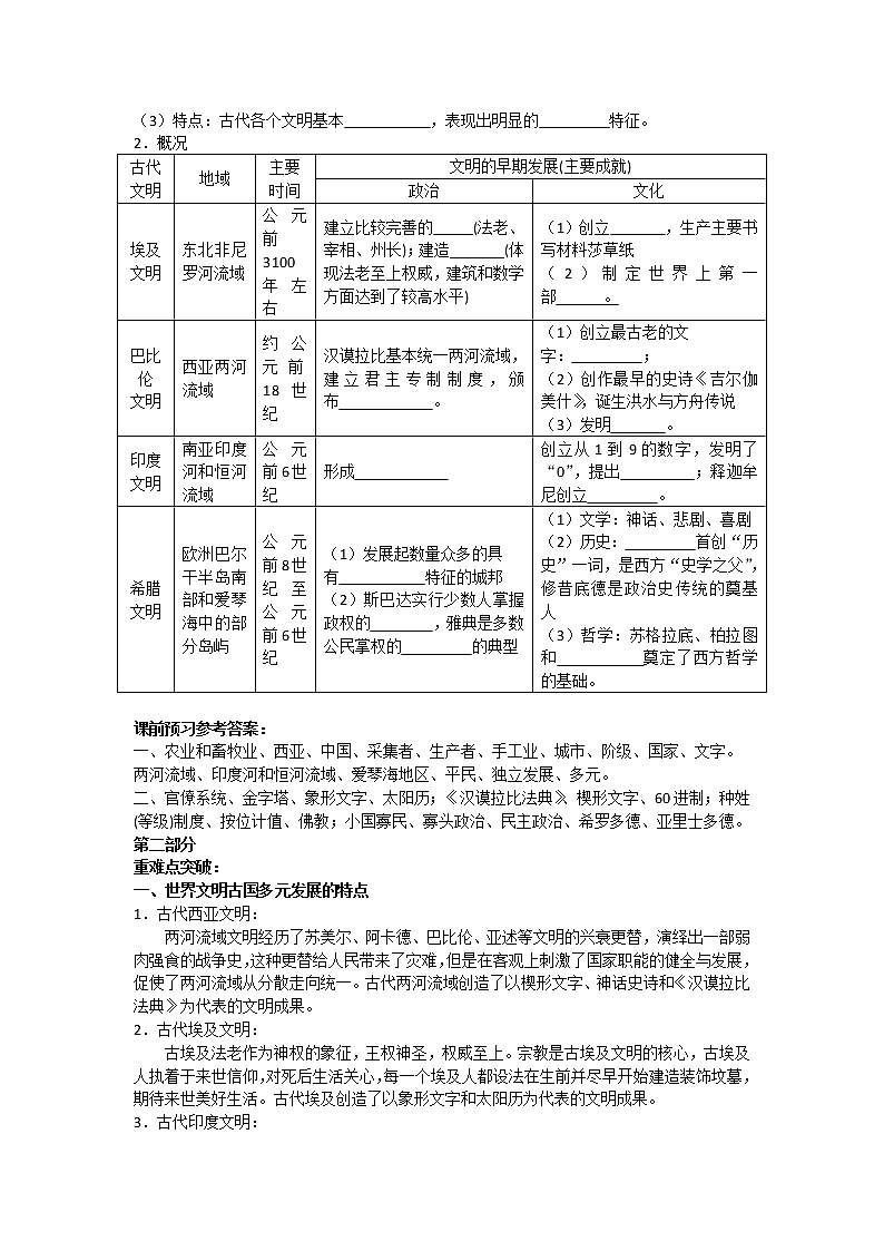 第1课 文明的产生与早期发展 导学案--2022-2023学年统编版(2019)高中历史必修中外历史纲要下册02