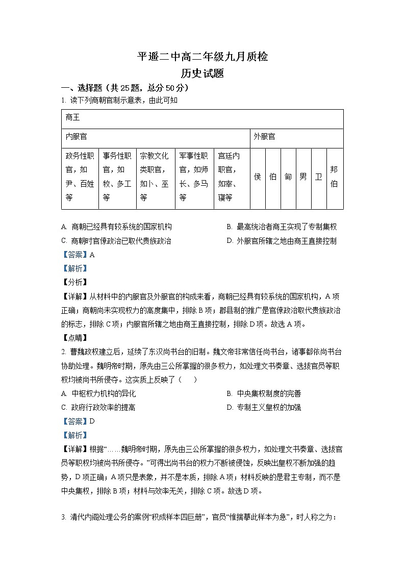 2022-2023学年山西省晋中市平遥县第二中学高二9月月考历史试题(解析版)第1页