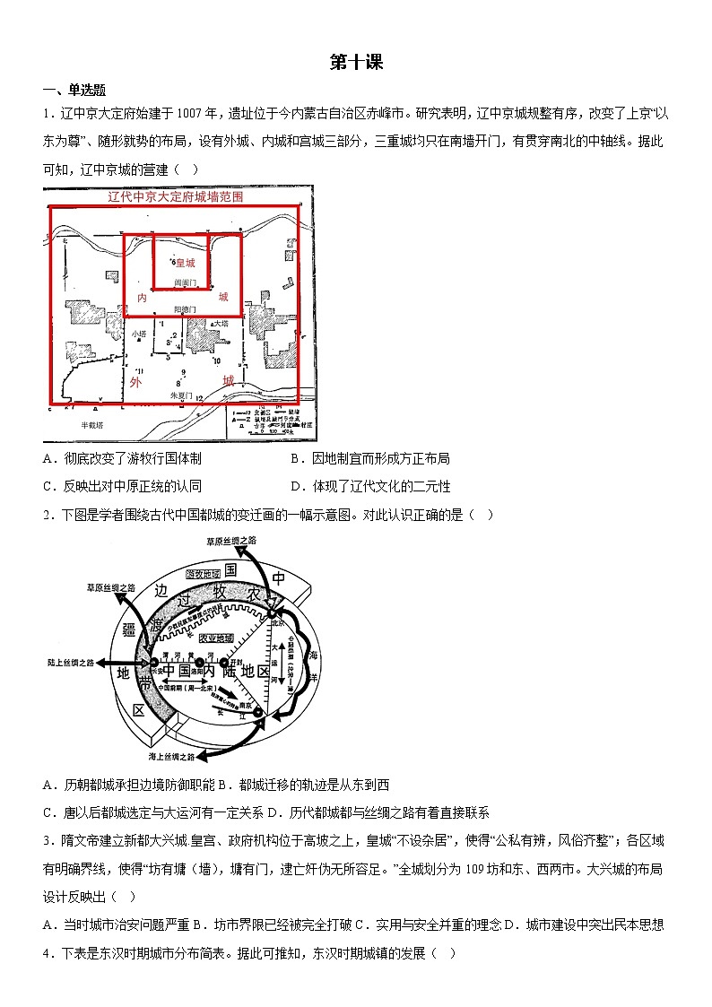 第10课 古代的村落、集镇和城市 同步练习--2022-2023学年高中历史统编版(2019)选择性必修201