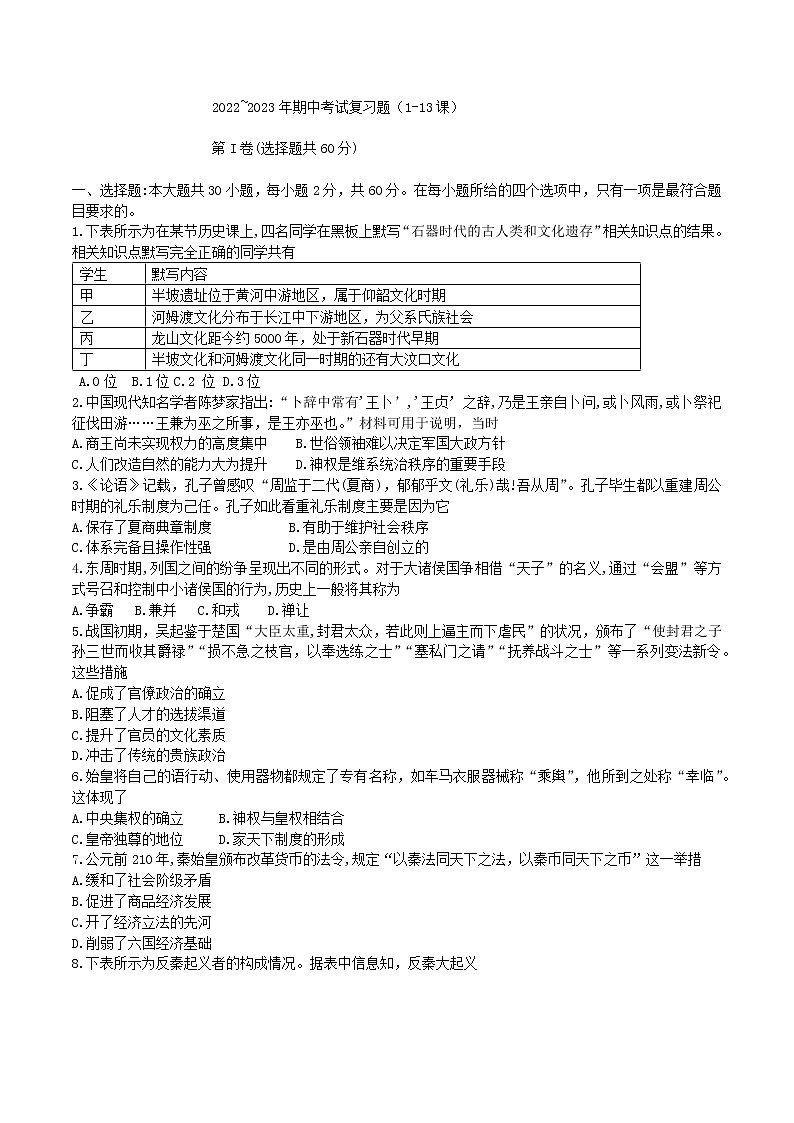 高一历史期中考试复习题一(1-13课)原卷版第1页