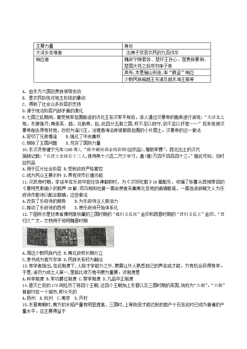 高一历史期中考试复习题一(1-13课)原卷版第2页