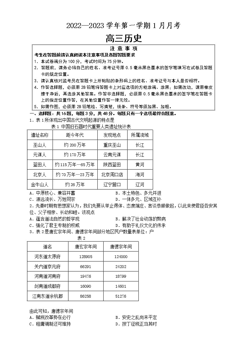 2023扬州中学高三上学期1月月考历史试题含答案01
