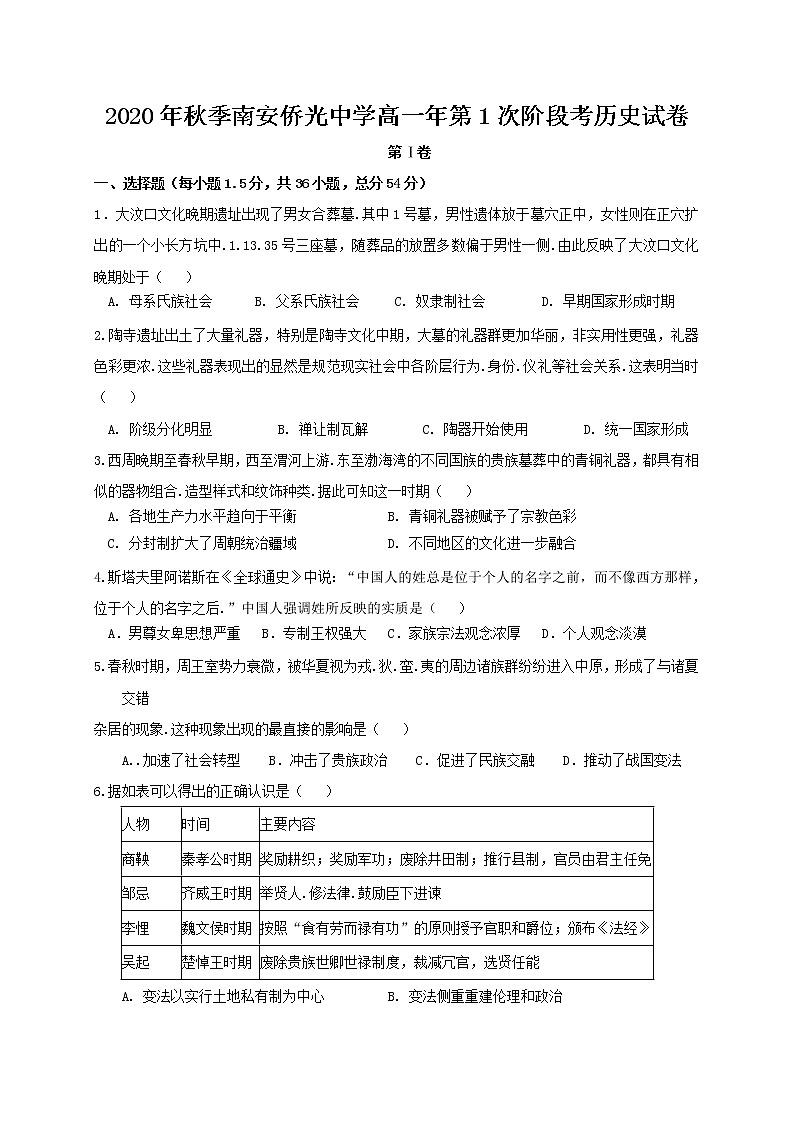 福建省南安市侨光中学2020-2021学年高一上学期第一次阶段考试历史试题 Word版含答案01