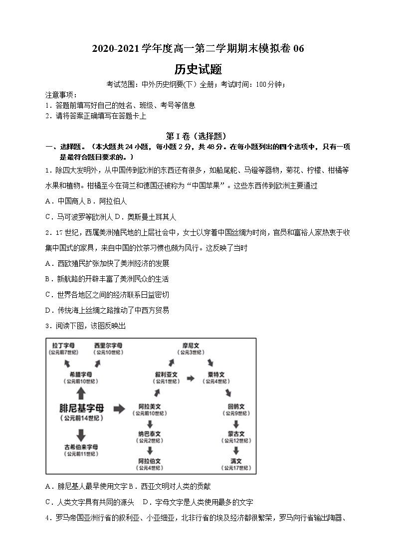 【必修中外史纲要(下)】2020-2021学年高一(下)期末模拟试卷历史试题06(原卷版)第1页