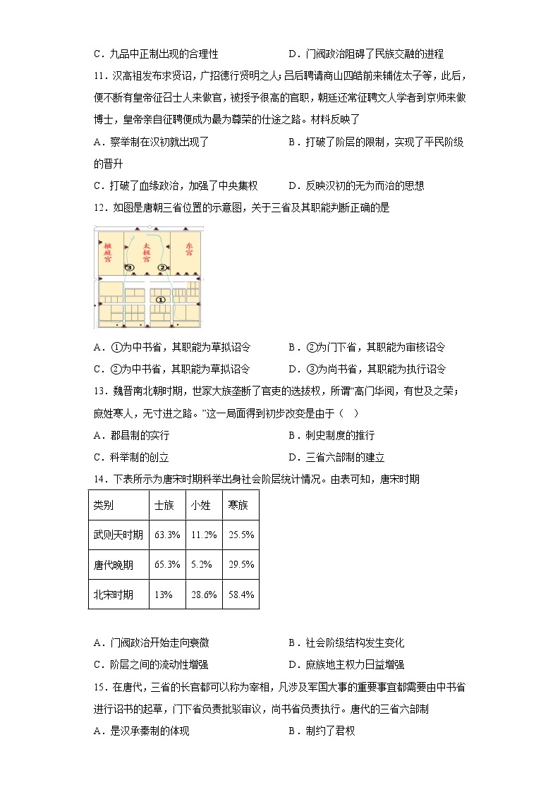 第7课 隋唐制度的变化与创新 寒假作业--2022-2023学年高中历史统编版（2019）必修中外历史纲要上册03