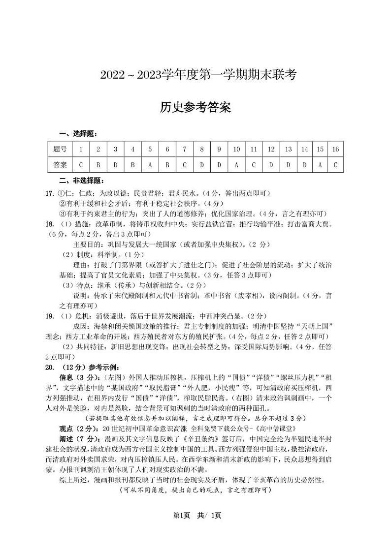 2023安徽省皖北地区高一上学期期末联考试题历史含答案01