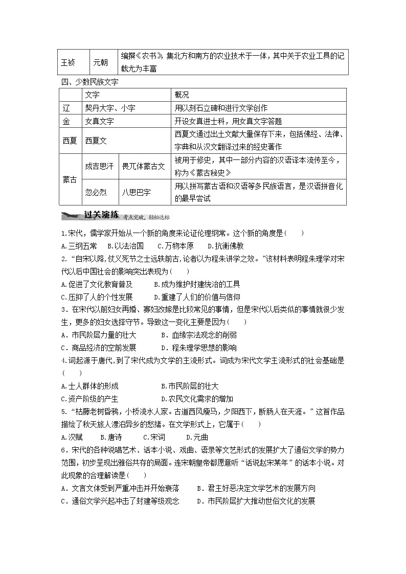 中外历史纲要（上）学业水平考试复习学案 第12课　辽宋夏金元的文化02