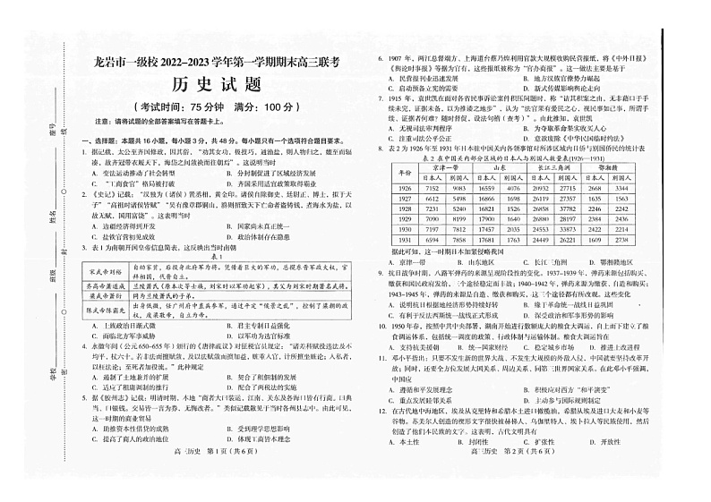 福建省龙岩市一级校2022-2023学年高三上学期期末联考试题+历史+图片版含答案第1页