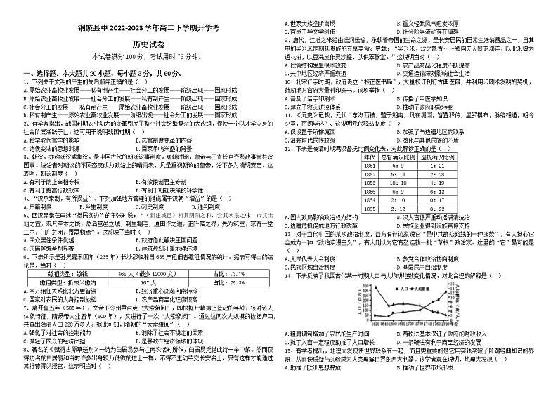 江西省宜春市铜鼓县中2022-2023学年高二下学期开学考历史试卷第1页