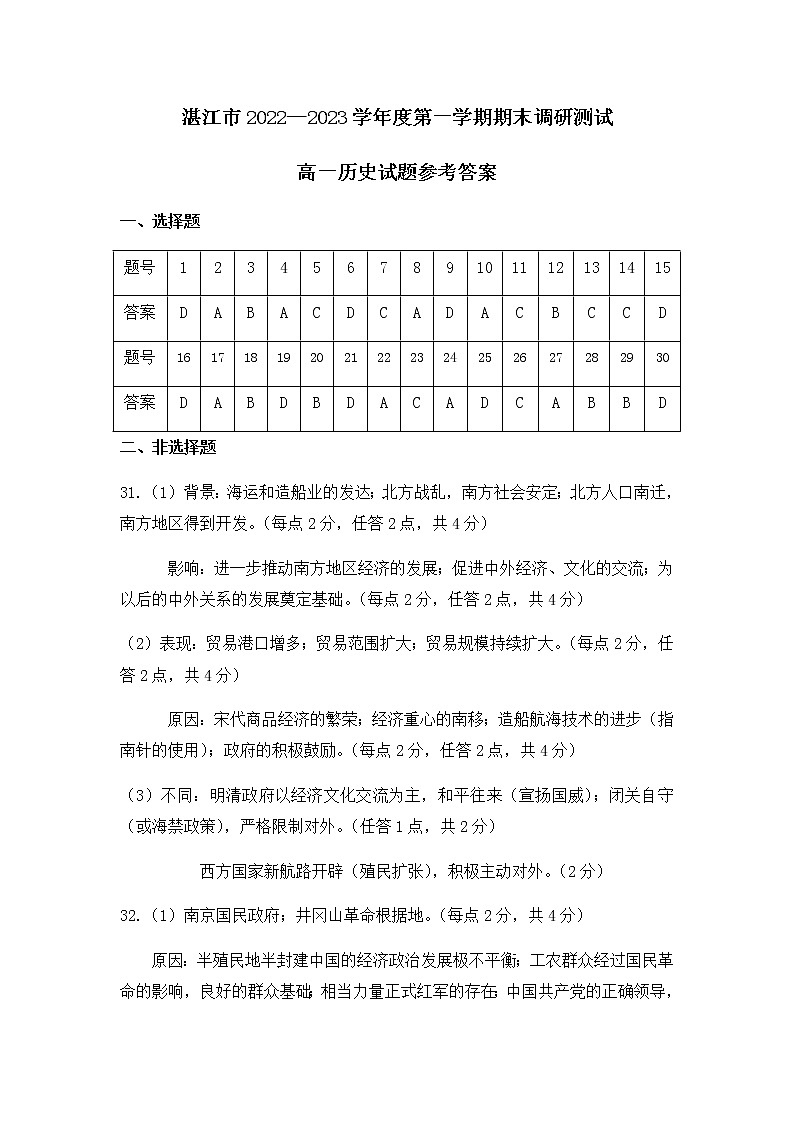 高一历史学科-参考答案第1页