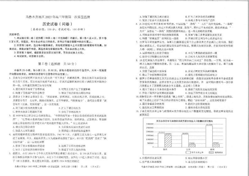 2023新疆乌鲁木齐自治区高三下学期第一次质量监测（一模）历史试题及答案01