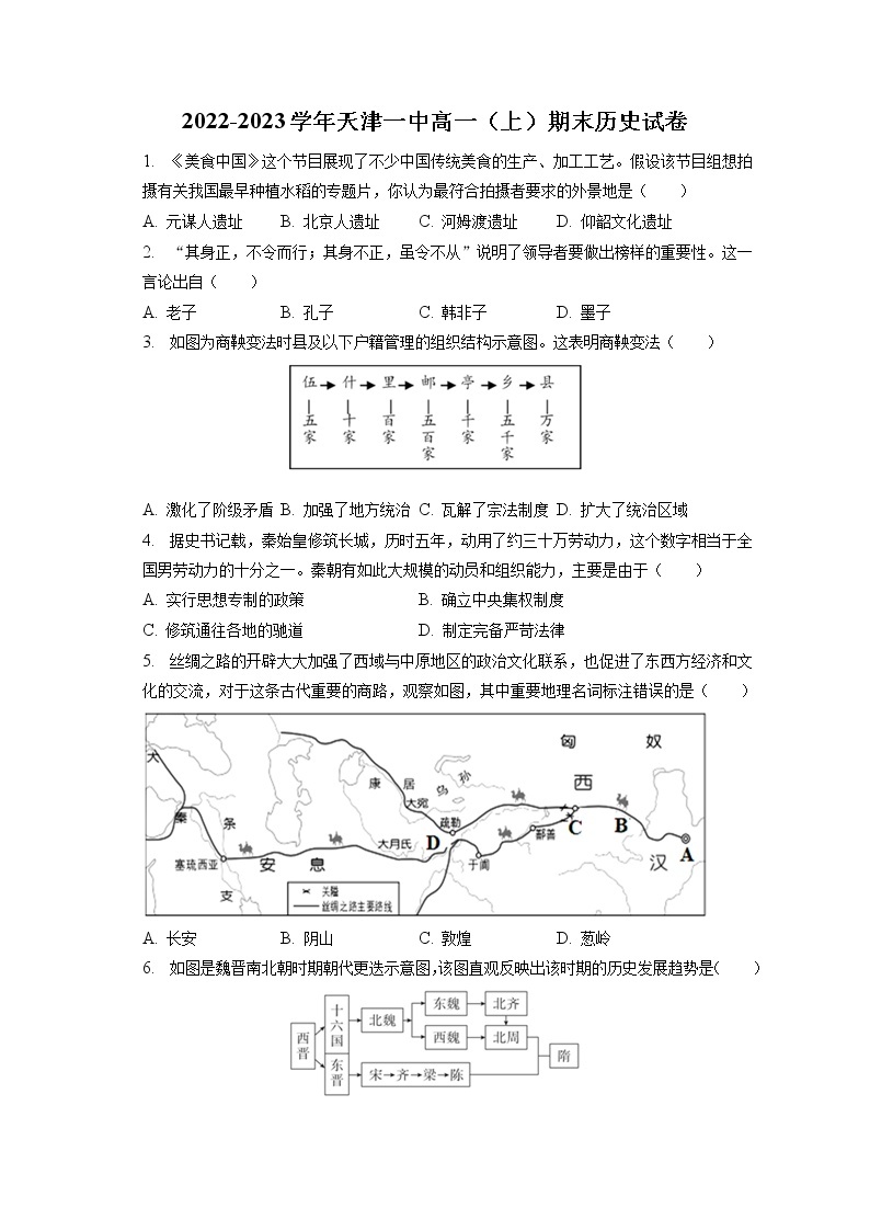 2022-2023学年天津一中高一（上）期末历史试卷(含答案解析)01