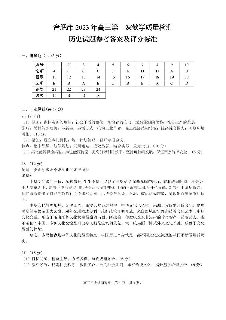2023合肥一模历史答案1第1页