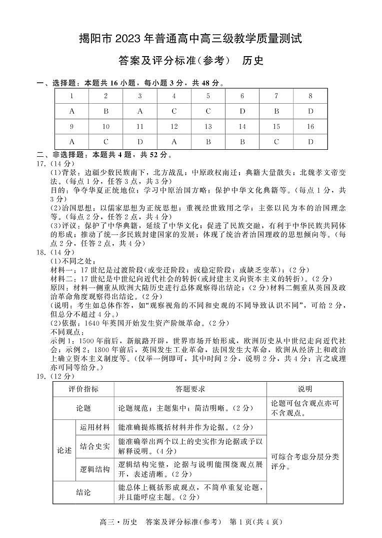 广东省揭阳市2023届高三第一次教学质量测试 历史试题及答案01