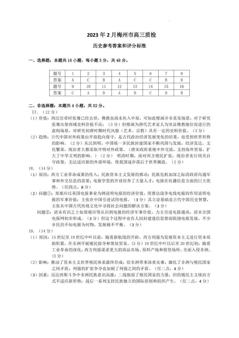 2023届广东省梅州市高三高考一模 历史试题及答案01