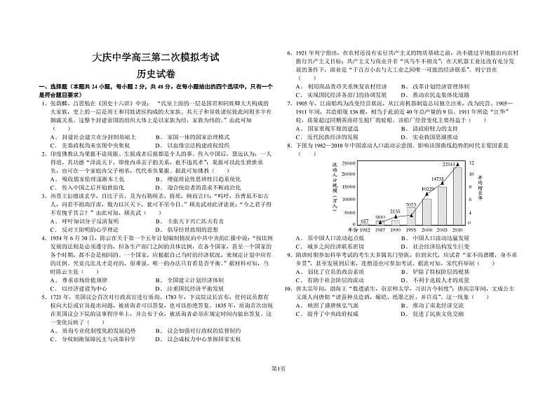黑龙江省大庆市大庆中学2022-2023学年一模适应性考试历史试题 PDF版无答案第1页