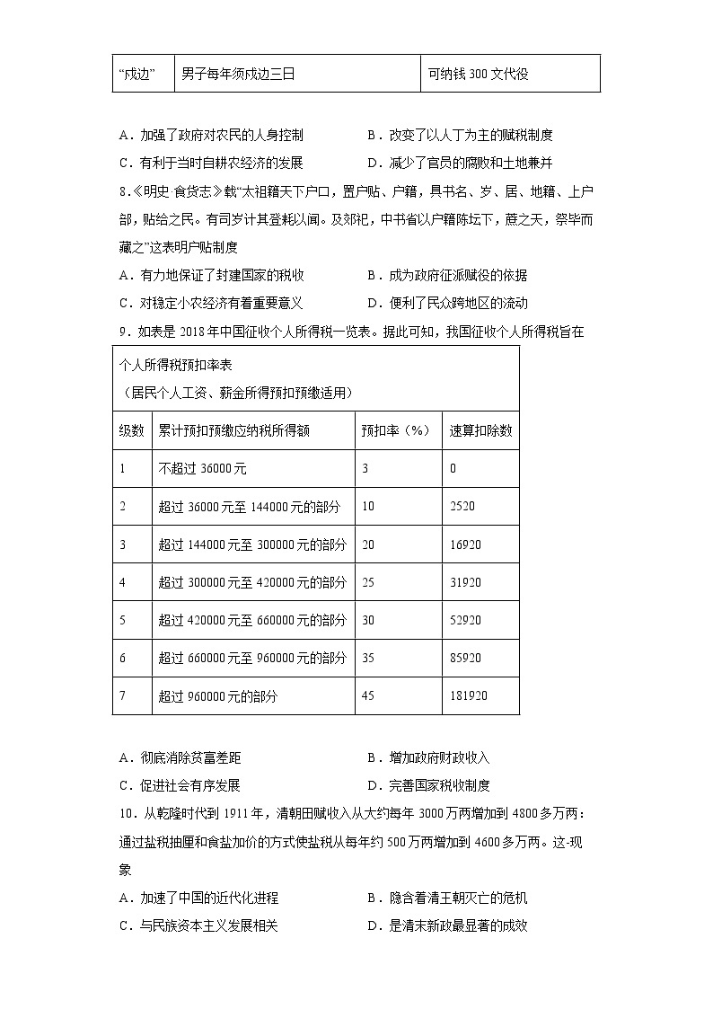 第五单元货币与赋税制度单元检测--2022-2023学年高中历史统编版2019选择性必修103