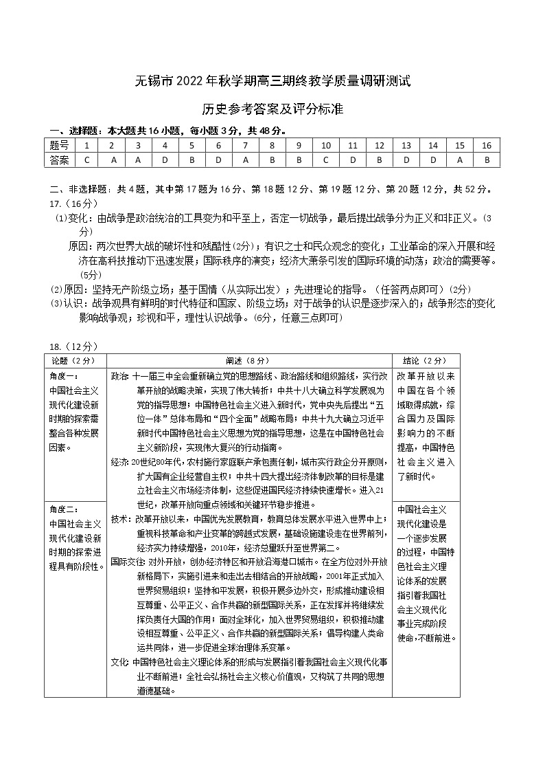 2023无锡高三上学期期末考试（2月）历史含答案01