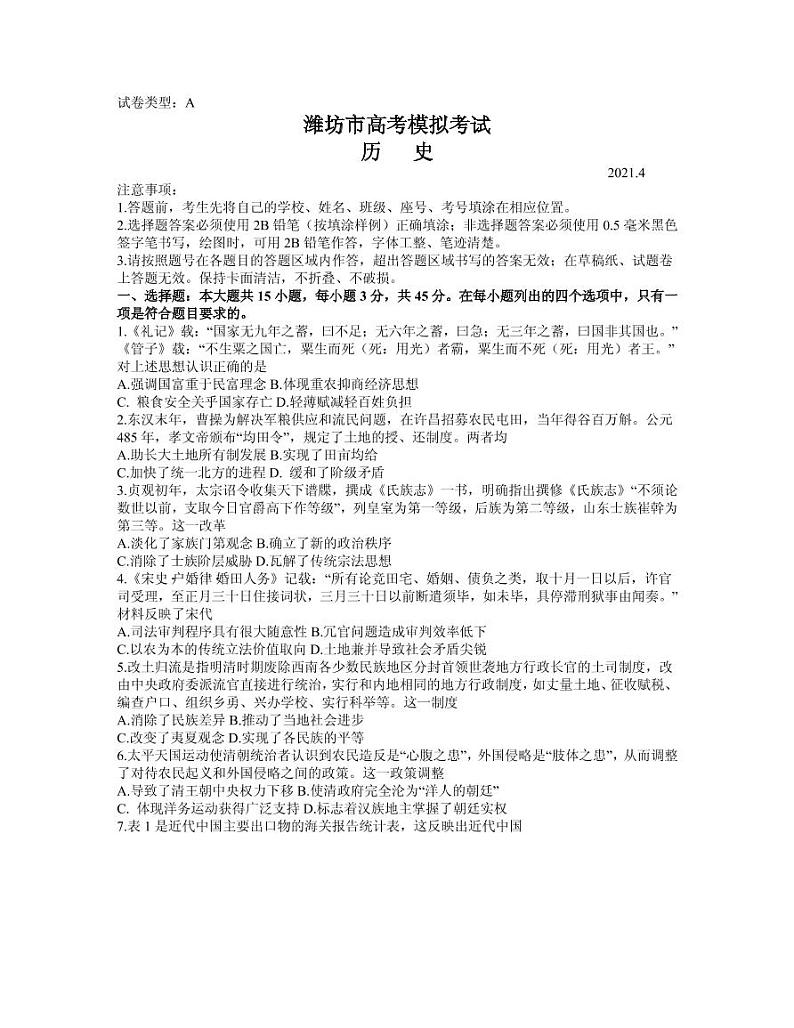 2021届山东省潍坊市高三下学期4月高考模拟考试(二模)历史试题 PDF版第1页