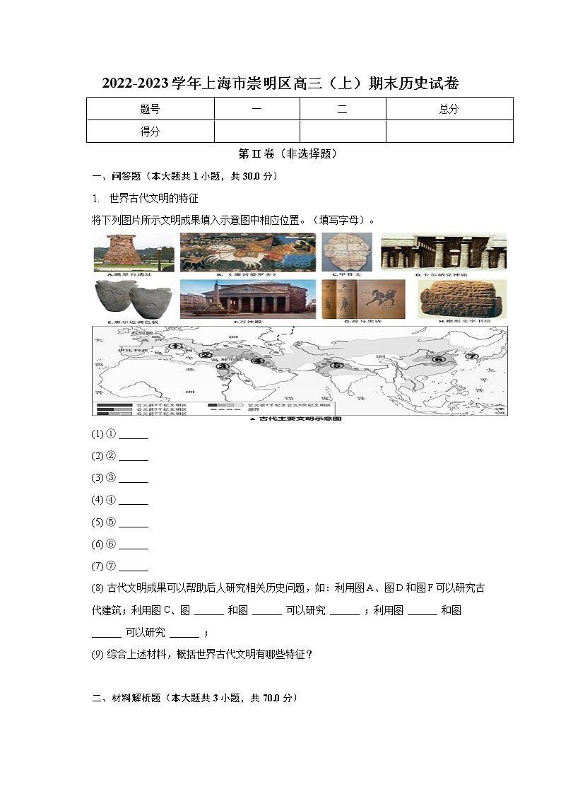 2022-2023学年上海市崇明区高三(上)期末历史试卷(含解析)01