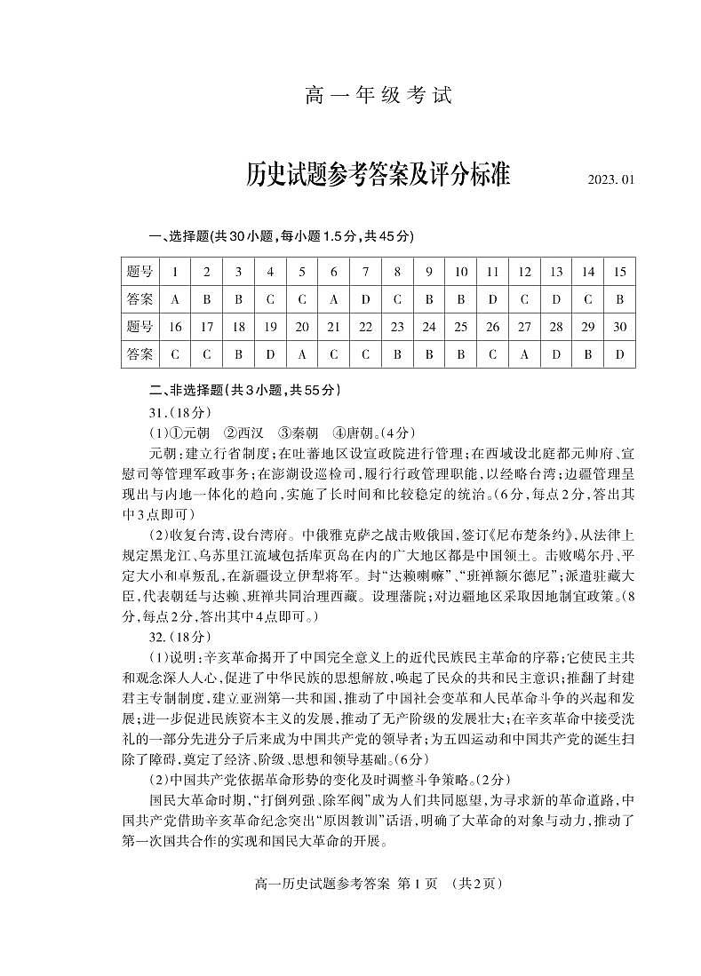 2023泰安高一上学期期末考试历史试题pdf版含答案01