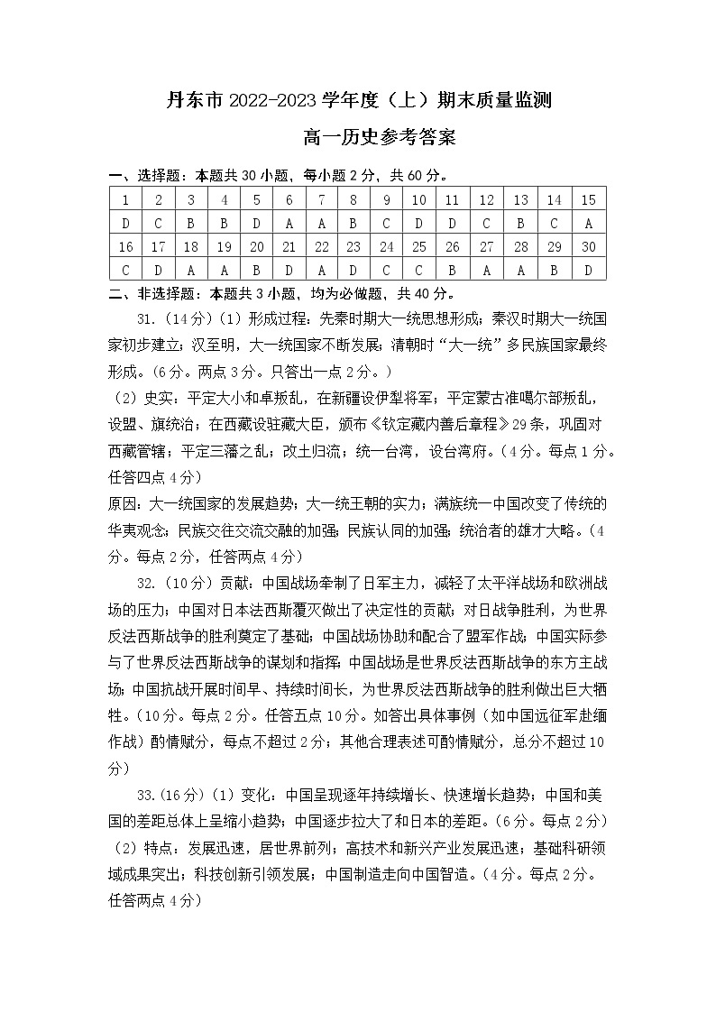 辽宁省丹东市2022－2023学年高一上学期期末质量监测历史试题01