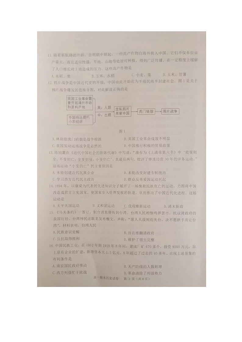 丹东市期末考试历史试卷第3页