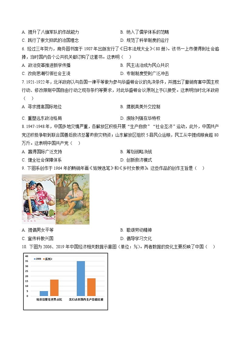 2023福州高三下学期二模试题历史含解析02