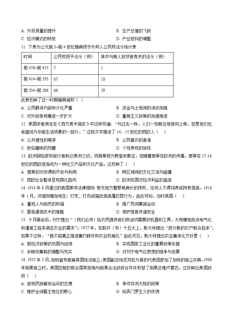 2023福州高三下学期二模试题历史含解析03