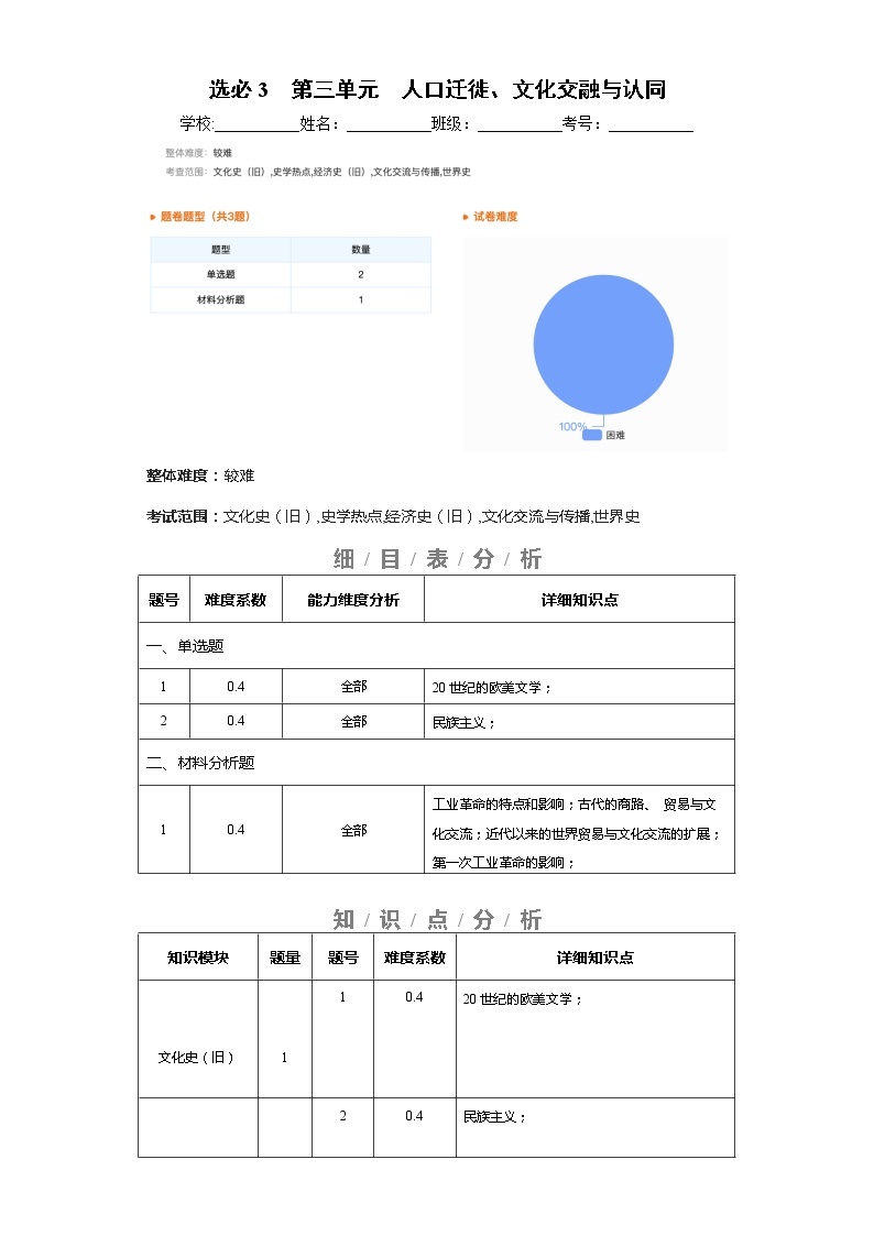 选择性必修3  第三单元  人口迁徙、文化交融与认同——2021-2023年高考历史真题单元汇编 （学生版+解析版）01