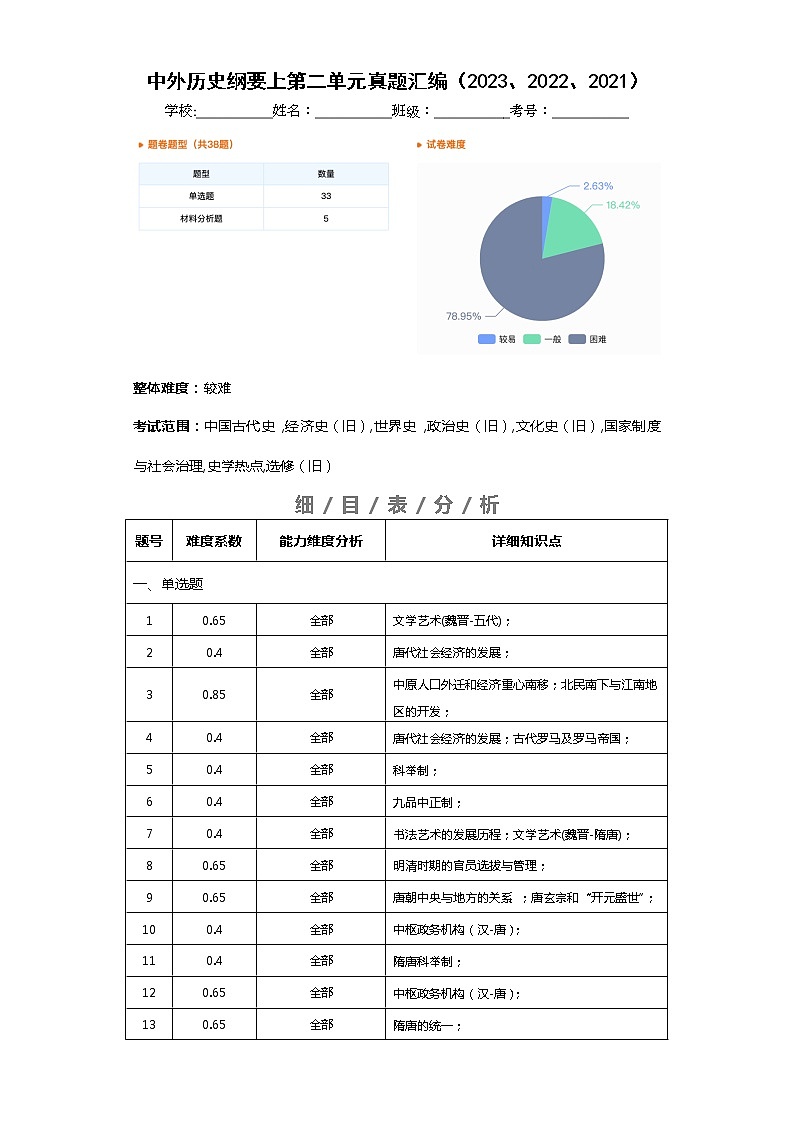中外历史中外历史纲要上 第2单元——2021-2023年高考历史真题单元汇编 (学生版+解析版)01
