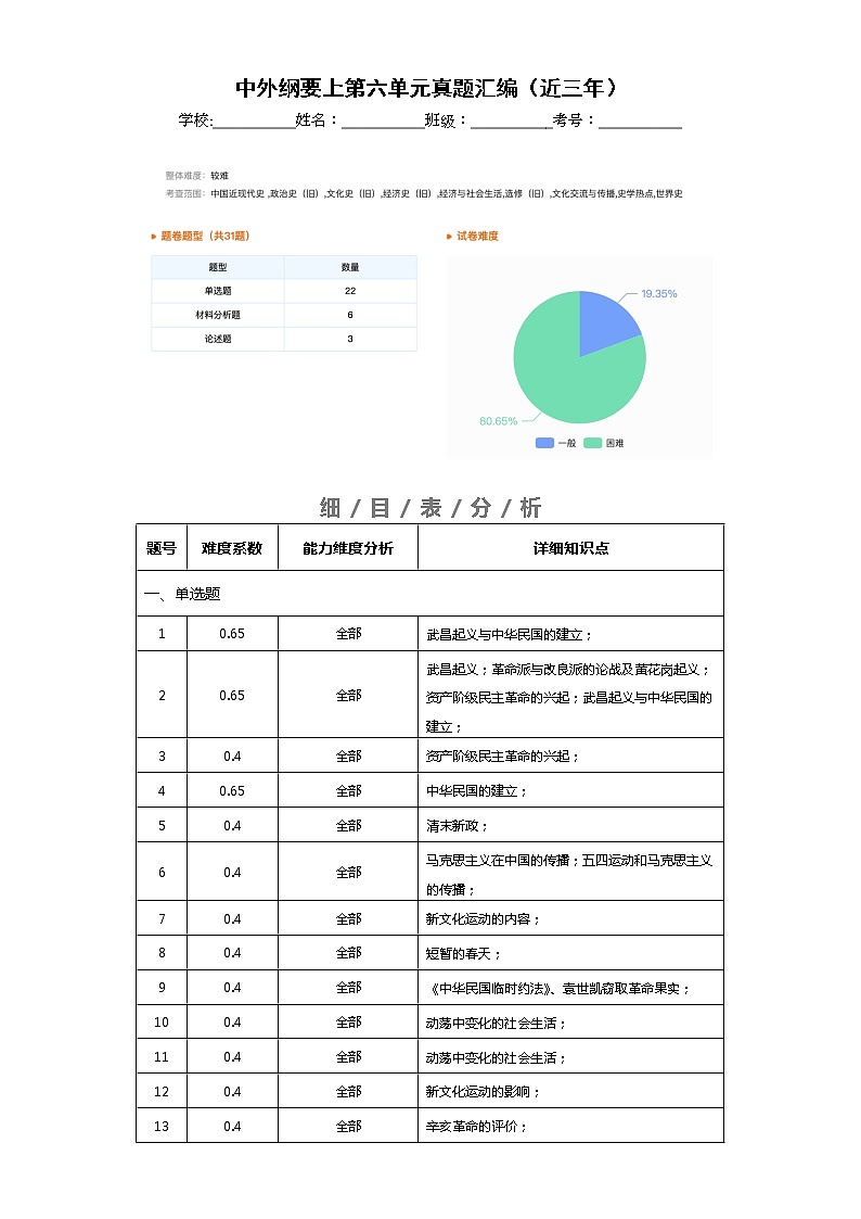 中外历史中外历史纲要上 第6单元——2021-2023年高考历史真题单元汇编 (学生版+解析版)01
