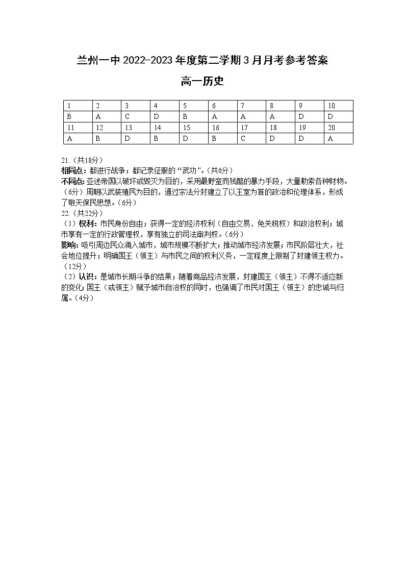 兰州一中 2022-2023-2 学期高一年级 3 月月考历史答案第1页
